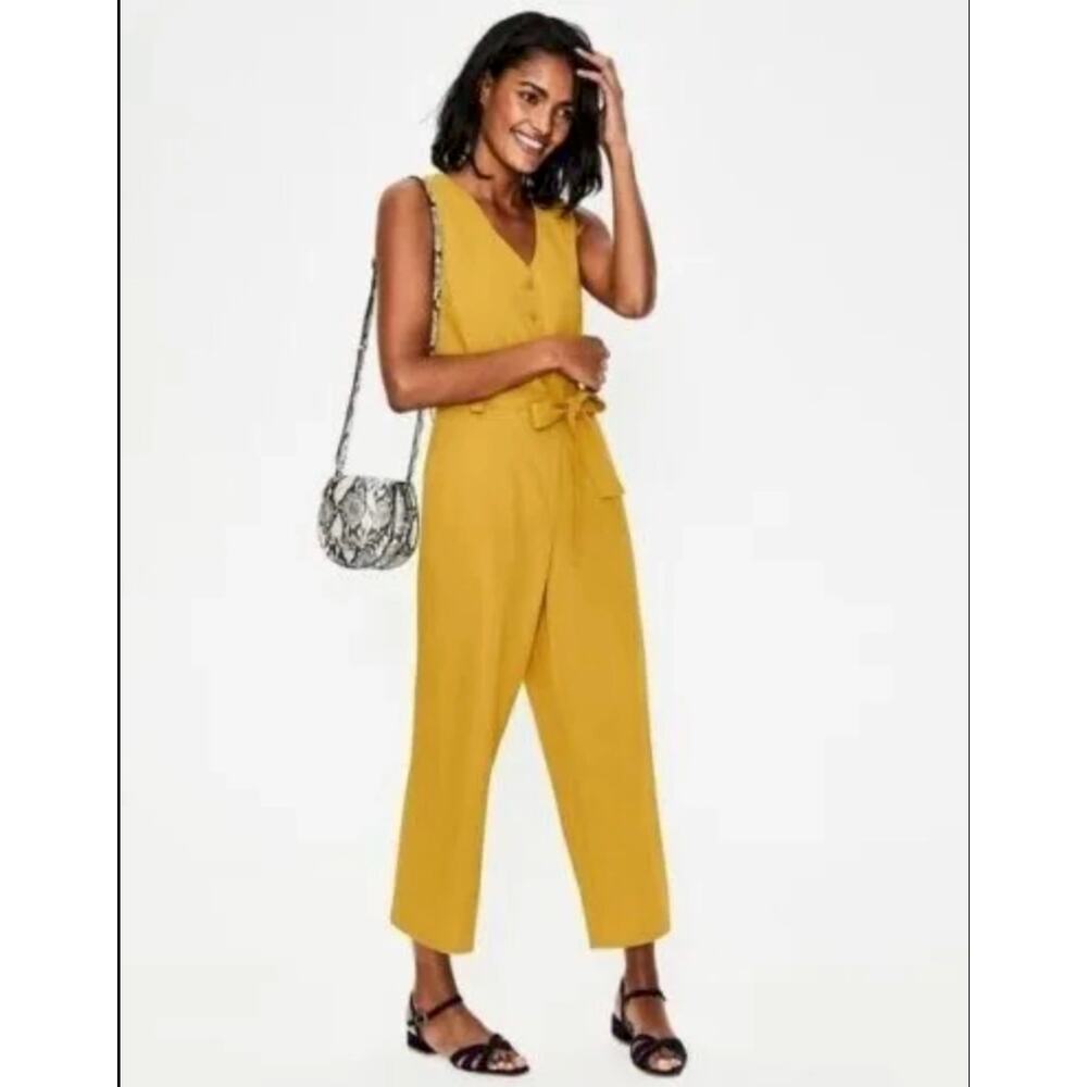 Boden Golden Yellow Mustard Cropped Jumpsuit Wide Leg Cotton Linen Romper US 6